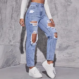 Women's light wash high waisted ripped jeans with straight leg and distressed details