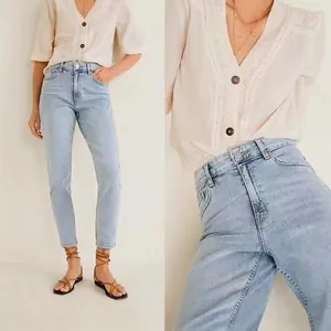 Women High Waist Slim Fit Straight Leg Jeans Solid Color Light Blue Denim Pants For Casual Commuting Daily Wear Bottom