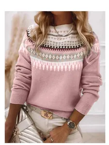 Maglione rosa casual a lupetto con motivo Fair Isle e vestibilità dritta invernale.