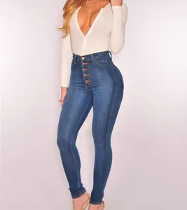 Professional studio detail shot of womens high-waisted skinny blue jeans with multi-button fly