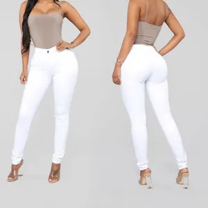 Vaqueros pitillo blancos de cintura alta para mujer, ajuste ceñido elástico, vista frontal y trasera