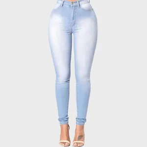 Vaqueros pitillo de mezclilla elástica azul claro de talle alto para mujer con ajuste ceñido