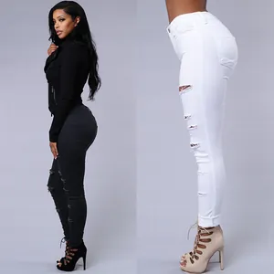 Jean skinny déchiré à taille haute pour femme, disponible en noir et en blanc