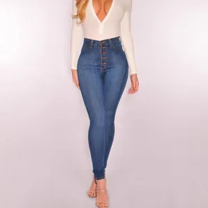Dames High Waist Skinny Jeans met Meerdere Knoppen Stretch Katoen Denim Potloodbroek Gewassen Slim Fit Sexy Broek