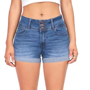 Women High Waisted Denim Shorts Stretchy Slim Fit Cuffed Hem Triple Button Closure Cotton Shorts Fashion Casual Summer Bottoms