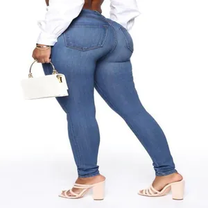 Back view of high waist skinny blue denim jeans for women with stretch fit