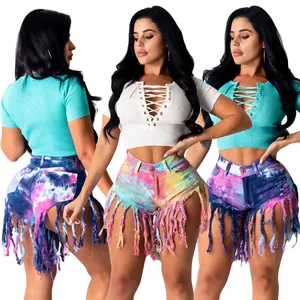 Women Fashion Tie-Dye Fringed Denim Shorts High Waist Distressed Tassel Bottom Casual Straight Leg Shorts For Summer Party Vacation