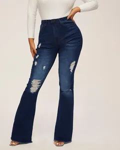 Vaqueros campana rotos de talle alto en denim elástico azul oscuro para mujer moda