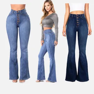 Détails du jean flare taille haute à boutons en denim bleu clair et bleu foncé
