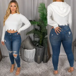 Jean Skinny Déchiré à Taille Haute pour Femme Pantalon Crayon en Denim Ajusté Effet Vieilli avec Bord Franc Style Décontracté
