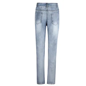 Detailed rear view of light blue high-waist straight leg denim jeans with back pockets