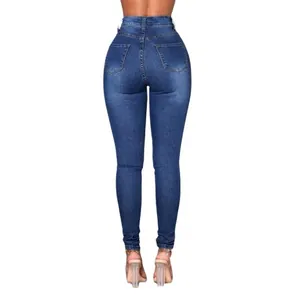 Jean skinny femme taille haute extensible bleu foncé, vue de dos effet amincissant