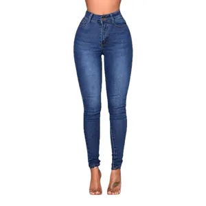 Jean crayon classique en denim extensible bleu foncé à taille haute pour femmes slim