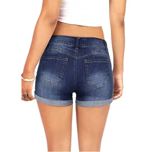 Back view of women's dark blue denim shorts with cuffed hem and back pockets