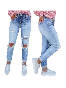 Women Light Blue Ripped Distressed Straight Leg Denim Jeans Sexy Slim Fit Casual Cotton Long Pants Fashion Streetwear