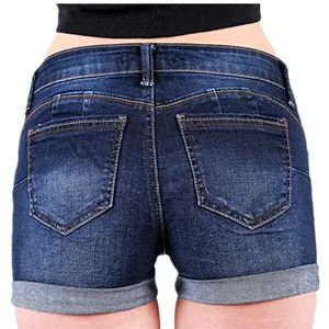 Detailed back view of women's cuffed denim hot pants in dark blue wash style