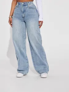 Women High Waisted Straight Leg Jeans Light Blue Washed Cotton Denim Pants Vintage Relaxed Wide Leg Casual Bottoms