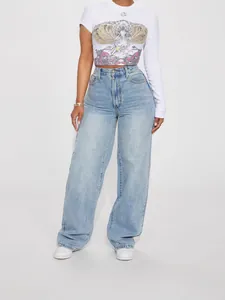 Women's light blue high waisted straight leg jeans for a trendy minimalist look