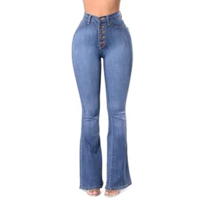Jean évasé classique à taille haute avec braguette à boutons pour femme en bleu
