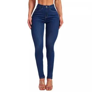 Jean en denim bleu stretch à taille haute et coupe ajustée pour femme au design moulant