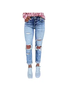 Light blue distressed ripped slim straight-leg denim jeans for women on white background