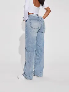 Women's light blue high-waisted straight leg denim jeans shown from the rear view in a studio.