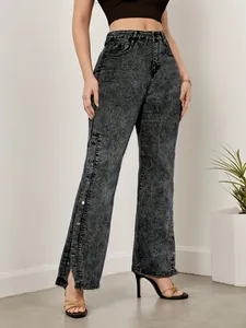 Women Retro Mid Waist High Stretch Flare Jeans Side Button Slit Hem Snow Wash Denim Pants Slender Fit Streetwear Bottom