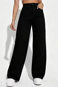 Close-up detail of women's high-waisted black wide-leg straight denim jeans