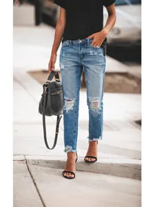 Women Ripped Straight Leg Jeans Cotton Denim Distressed Frayed Hem Water Washed Casual Commuting Streetwear Long Pants