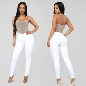 Front and back view of slim fit high waist white stretch denim pencil pants for women