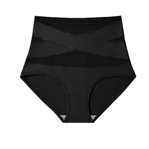 High-waisted black tummy control shaping panties with mesh panels and crossover design