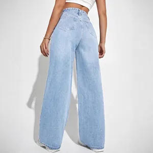 Women's light wash high-waisted loose straight-leg denim jeans shown from the back view