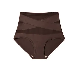 High-waist tummy control panties with cross-over mesh panel in dark brown coffee color
