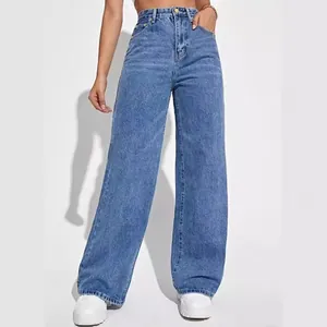 High-waisted wide-leg denim jeans for women in classic blue wash