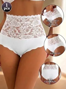 High-waisted white lace tummy control panties featuring a high cut design and full coverage