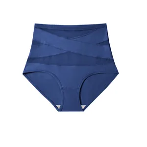 High-waist navy blue shapewear panties featuring abdominal criss-cross compression bands