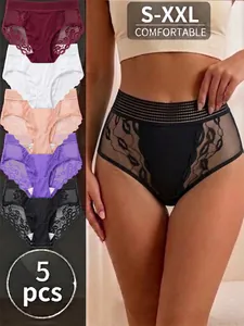 Détails d'un lot de 5 culottes élégantes à taille haute en dentelle florale pour femmes