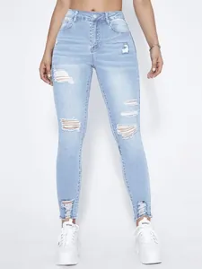 Hellblaue High-Waist-Skinny-Jeans mit modischen Rissen für Damen im Trend