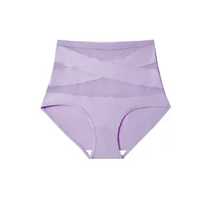 Close-up view of purple high-waisted tummy control panties with criss-cross mesh