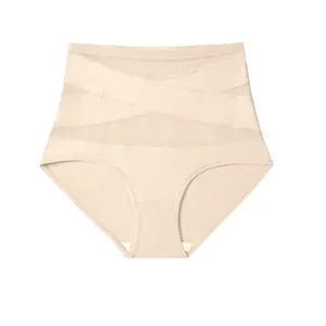 Detailed front view of high-waisted seamless tummy control panties in beige color
