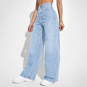 Women's light blue high waisted wide leg denim jeans with a relaxed straight fit