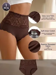 Detailed view of high-waist brown modal lace panties showing fabric texture and features