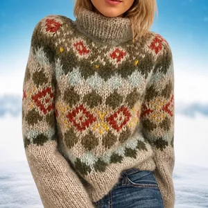 Elegante maglione invernale da donna a lupetto con motivo a maglia geometrica nordica