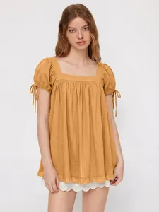 Ginger yellow square neck casual blouse with ruffle hem and tie-knot puff sleeves detail