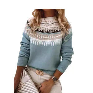 Elegante maglione invernale da donna a collo alto con motivo a maglia Fair Isle blu