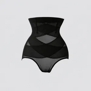 Detail of high-waist mesh shapewear with fishbone structure for tummy control