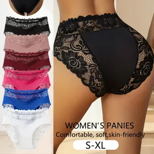 Damen Sexy Spitzenunterhosen Milchseide Mittlere Taille Atmungsaktive Slips Weiche Florale Patchwork Dessous Unterwäsche Für Den Alltag