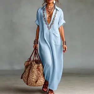 Light blue loose cotton linen maxi dress with embroidered V-neck detail and front pocket