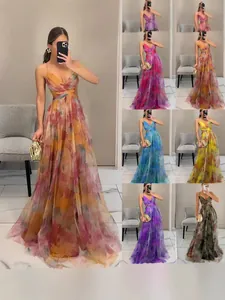Detailed view of various color options for floral print mesh spaghetti strap dresses