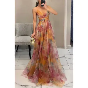 Floral mesh printed spaghetti strap maxi dress for summer vacation and evening parties